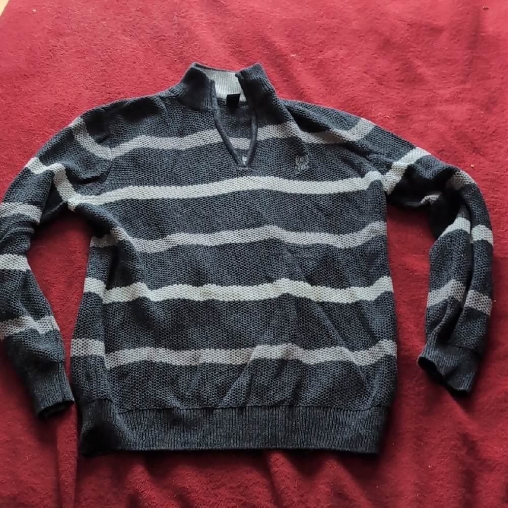 Chaps Black and Gray Zip Up Sweater with Stripes